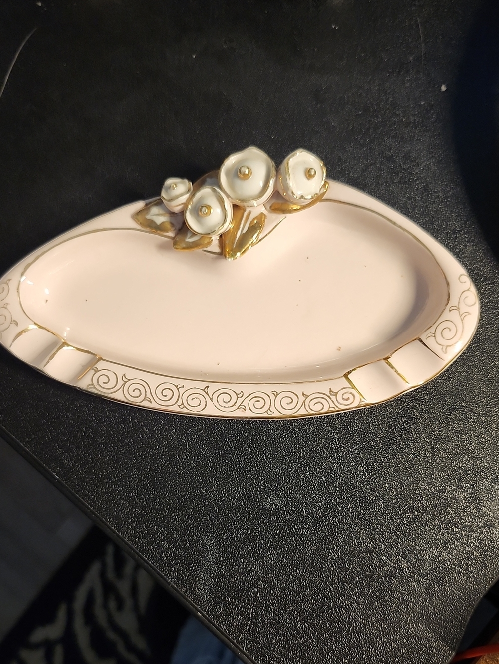 Lefton Pale Pink Ceramic Trinket Tray with White Floral Accent and Gold Trim